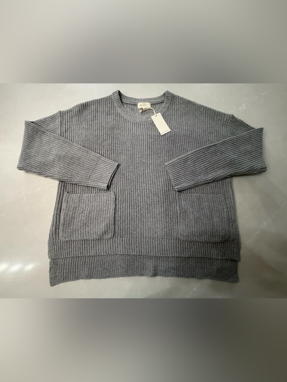 MELLODAY Wool Blend Gray Ribbed Crewneck Boxy, Baggy Sweater w/ Front Pockets, L